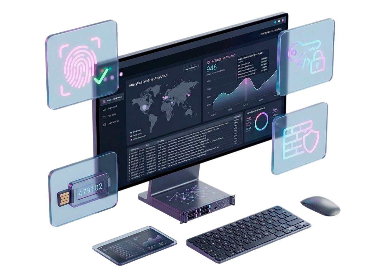 Monitor showing a security and analytics dashboard