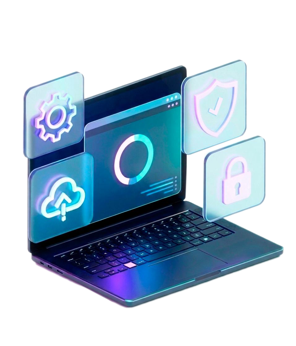 Laptop with security, cloud and settings icons